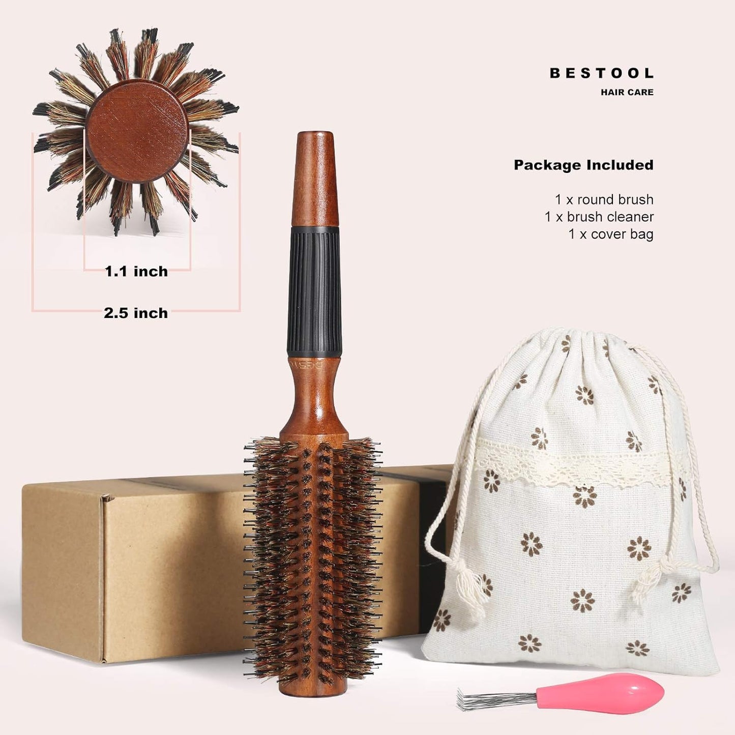 BESTOOL Nylon Pin Bristle Brush Detangling Wood Large Spiked Brush for Men Women Children Blow Drying Volume Adding Volume (2.5 inch)