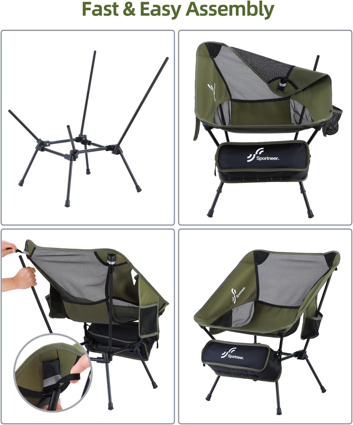 Camping Chair, Sportneer Lightweight Portable Folding Camping Chairs for Adults Compact Camp Chairs Foldable Backpacking Chair Outdoor Chair for Camping Hiking Beach Lawn Picnic Travel (2, Green)