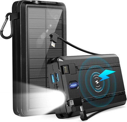 Solar Portable Power Bank Charge 6 phones at the Same Time 30000mAh Solar Charger With 4 wires and Wireless Charging Function LED Camping Lights External Battery Pack Outdoor Camping Equipment (Black)
