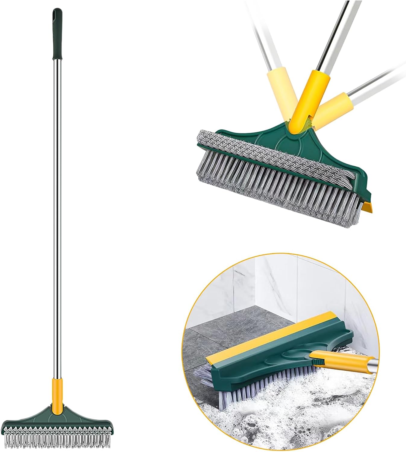 Grout Scrub Brush - Long Handle Cleaning Tool, Floor Scrubber | 3-in-1 Bathroom Brush with Rotating Head, Stiff Bristles for Tile, Shower, Deck, Wall, Kitchen Cleaning Essentials