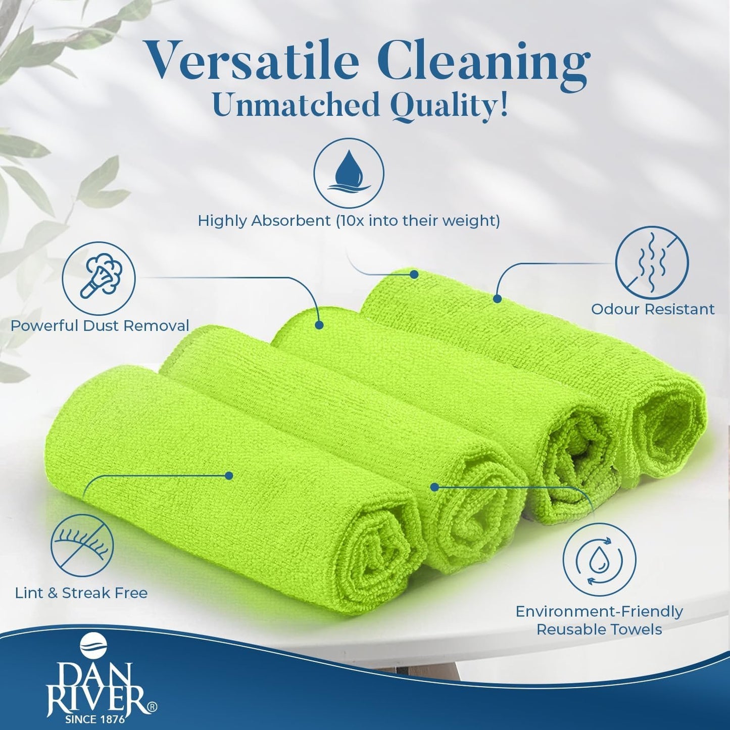 Dan River Micro Fiber Cloth for Cleaning Car - 12 Pack (12"x12") Ultra Absorbent, Lint-Free Microfiber Towel, Kitchen Rags, House Cleaning Towels, and Microfiber Washcloth - Green