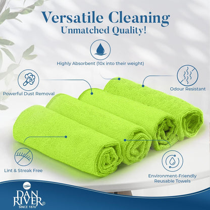 Dan River Micro Fiber Cloth for Cleaning Car - 12 Pack (12"x12") Ultra Absorbent, Lint-Free Microfiber Towel, Kitchen Rags, House Cleaning Towels, and Microfiber Washcloth - Green