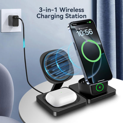 3 in 1 Wireless Charger Stand for Mag-Safe Charging, Foldable 15W Fast Magnetic Wireless Charging Stand for iPhone 16 15 14 13 12 Pro Max,AirPods,Apple Watch Series 10/Ultra 2/9/8/7/6/SE/5/4/3,Black
