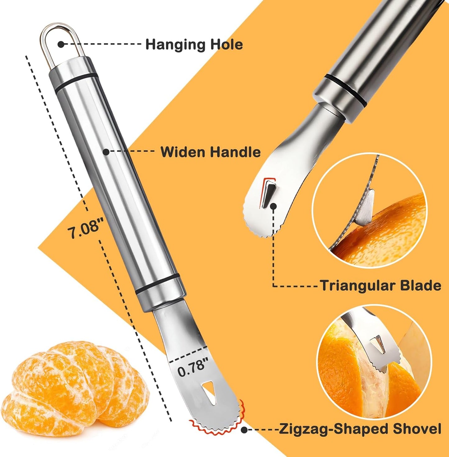 Stainless Steel Orange Peeler | Easy to Peel | Long Handle Orange Citrus Peeler Tool | Triangular-Blade & Zigzag-Shovel Orange Peeler Gadget