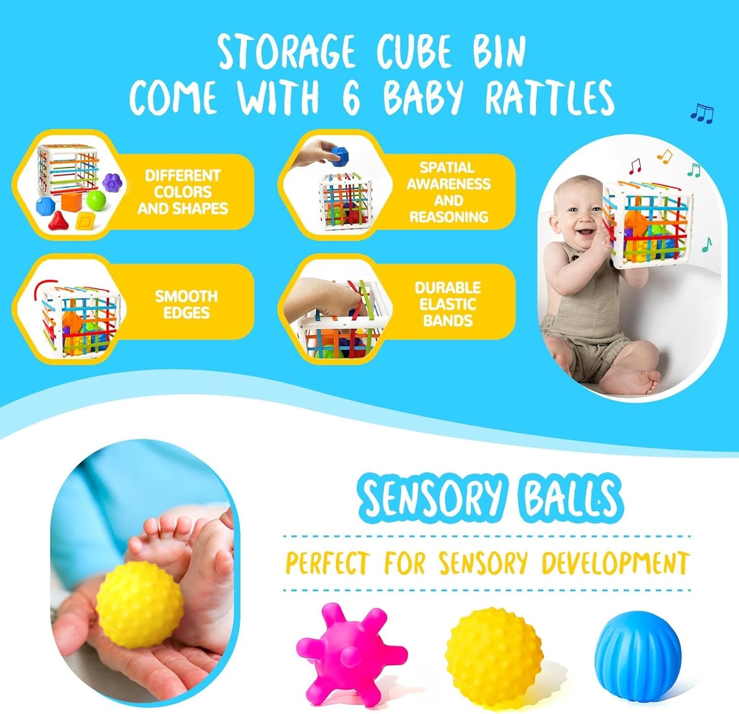Montessori Toys for Babies 0-3-6-12 Months, 6 in 1 Baby Toys 4 5 6 7 8 9 Month Old, Baby Blocks Stacking Toys, Infant Baby Sensory Development Learning Toys Gifts for 1 2 3 Year Old Boys Girls