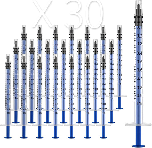 30Pcs Plastic Syringes, 1ml Measuring Applicator Syringe No Needle, Reusable Individually Sealed for Feeding Pets Refilling Liquids Glue Industrial Scientific Lab Experiments Oiling Watering