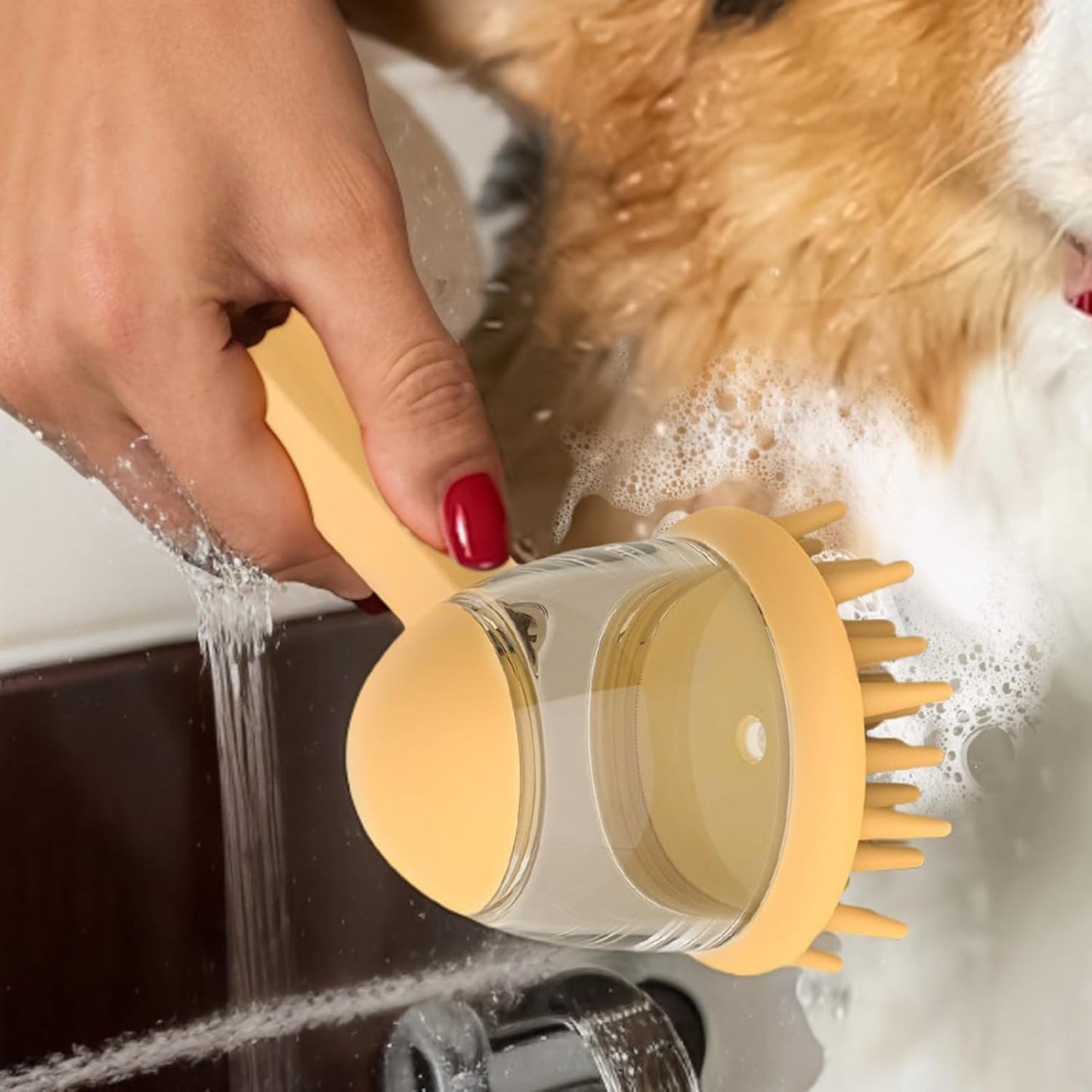 Dog Bath Brush, Non-Slip Shampoo Brush with Soap Dispenser, Ergonomic Pet Cleaning Tool Portable Compact Versatile Ideal for Bathing, Washing & Massage, 7.32x2.95x3.39 Inches