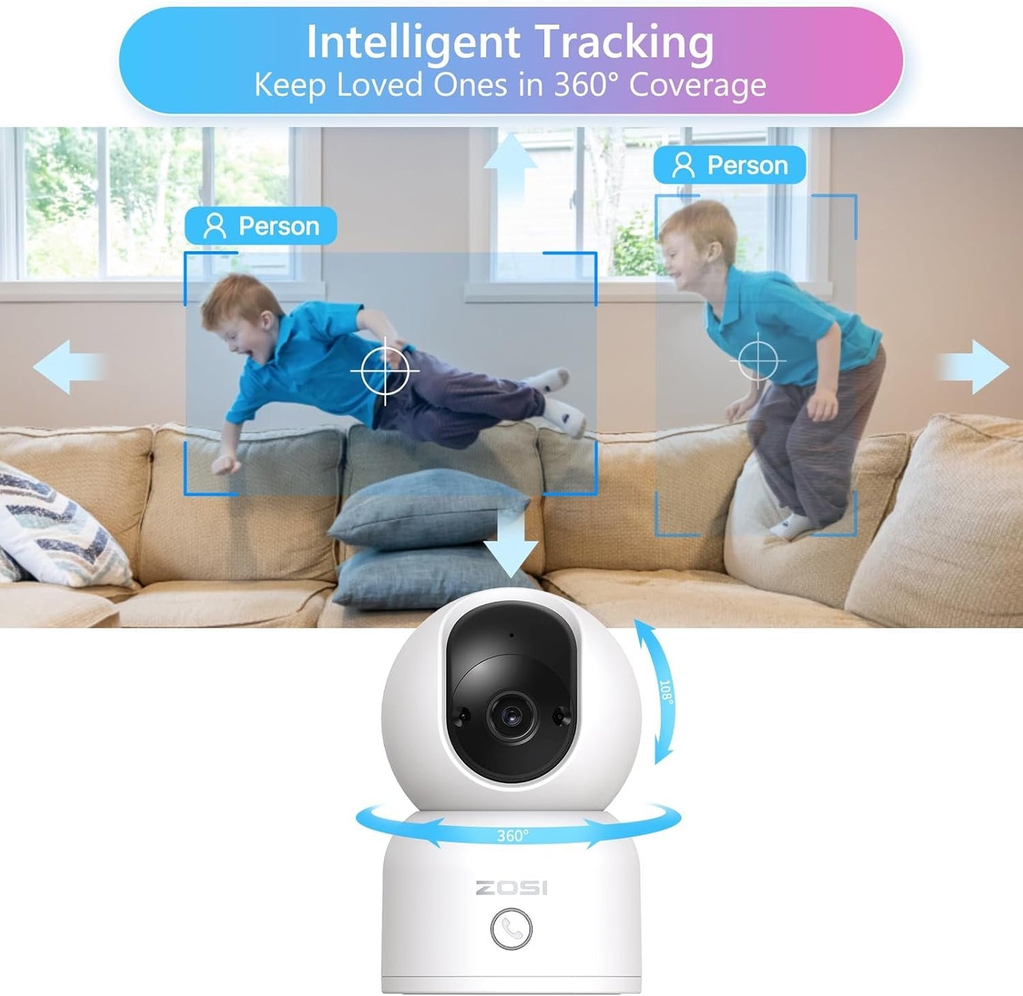 ZOSI C518 2K Pan/Tilt Smart Security Camera Indoor,360 Degree Baby and Pet Monitor,2.4G/5G Dual-Band WiFi Home Cam with Phone App,Cloud & SD Card Storage,Night Vision,2 Way Audio,Person Detection