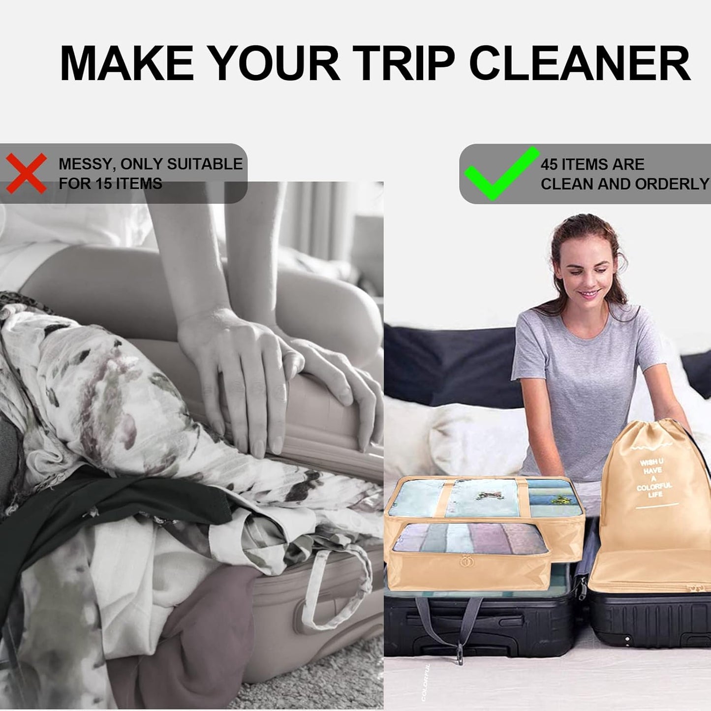 Jsdoin Suitcase Packing Cubes, 9 Pieces Travel Organizer for Backpack, Waterproof Travel Essential Bag, Travel Accessories (Beige)