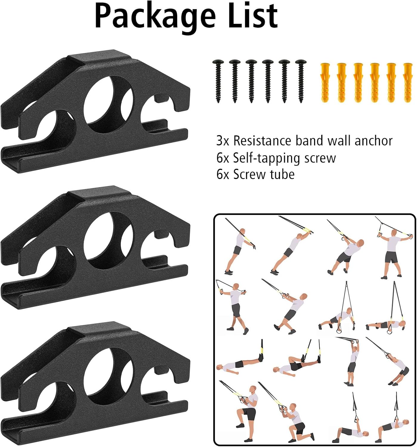 Wpbhk 3 Pcs Resistance Band Wall Anchors - Space Saving Wall Mount Anchors for Home Gym Workouts, Strength Training, Physical Therapy Exercise, Fitness with Mounting Screws