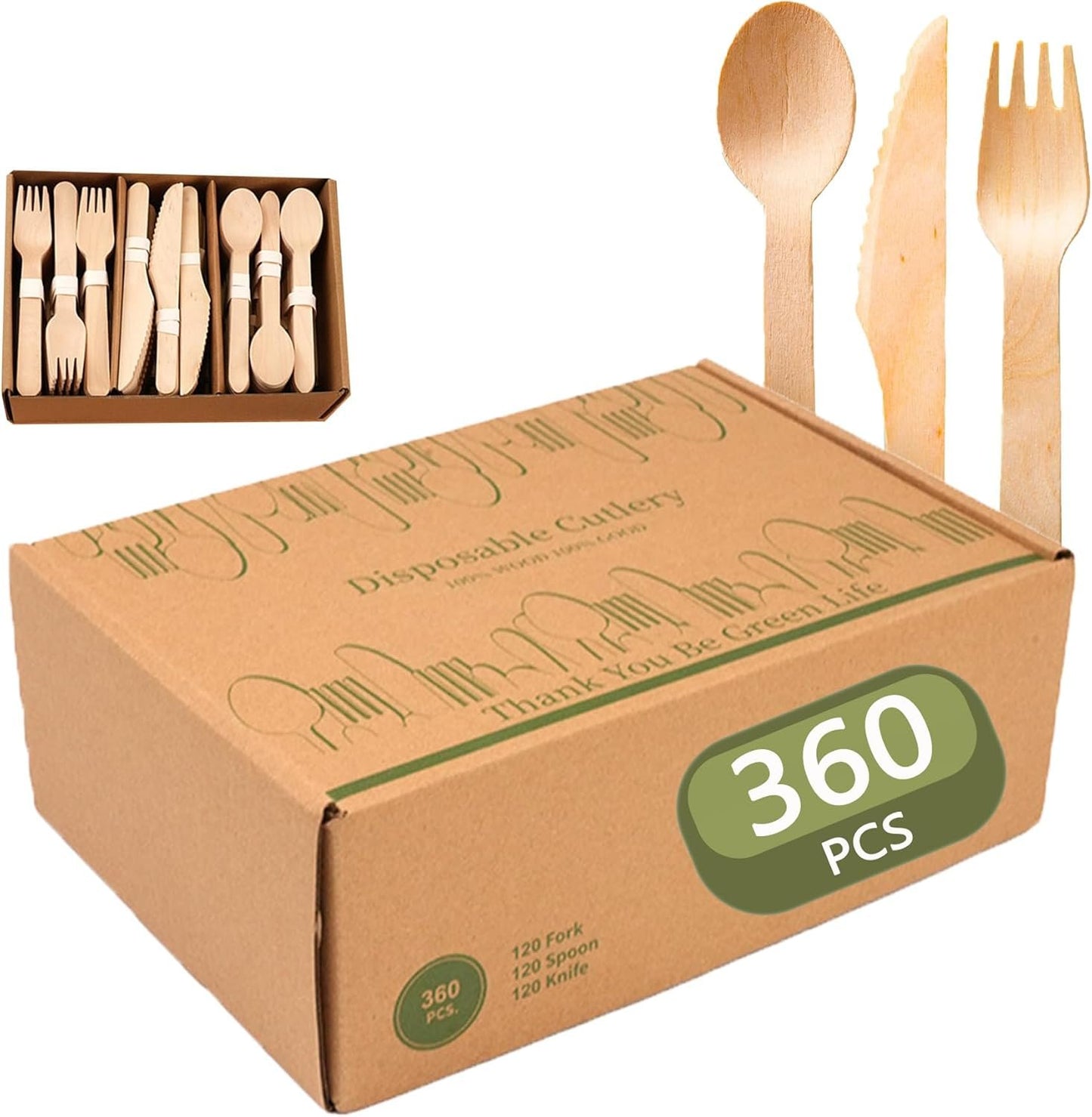 Wooden Disposable Cutlery, 100% Compostable Utensil Set - 360 Pieces Cutlery Set (120 Forks 120 Spoons 120 Knives) - Eco-Friendly Biodegradable Utensils for Party, Camping