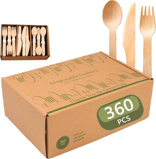 Wooden Disposable Cutlery, 100% Compostable Utensil Set - 360 Pieces Cutlery Set (120 Forks 120 Spoons 120 Knives) - Eco-Friendly Biodegradable Utensils for Party, Camping