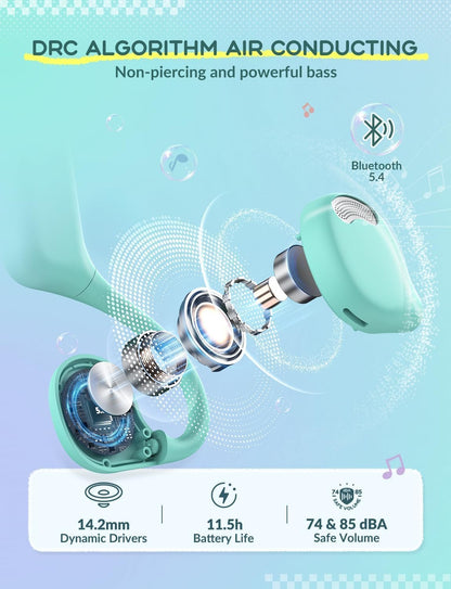iClever Kids Headphones, Bluetooth 5.4 Air Conduction Open Ear Headphones, Safe Volume 74&85 dBA, Clear Audio, 360° Bending, Ultra-Light Comfortable Kids Wireless Headphone for iPad/Travel/Sports