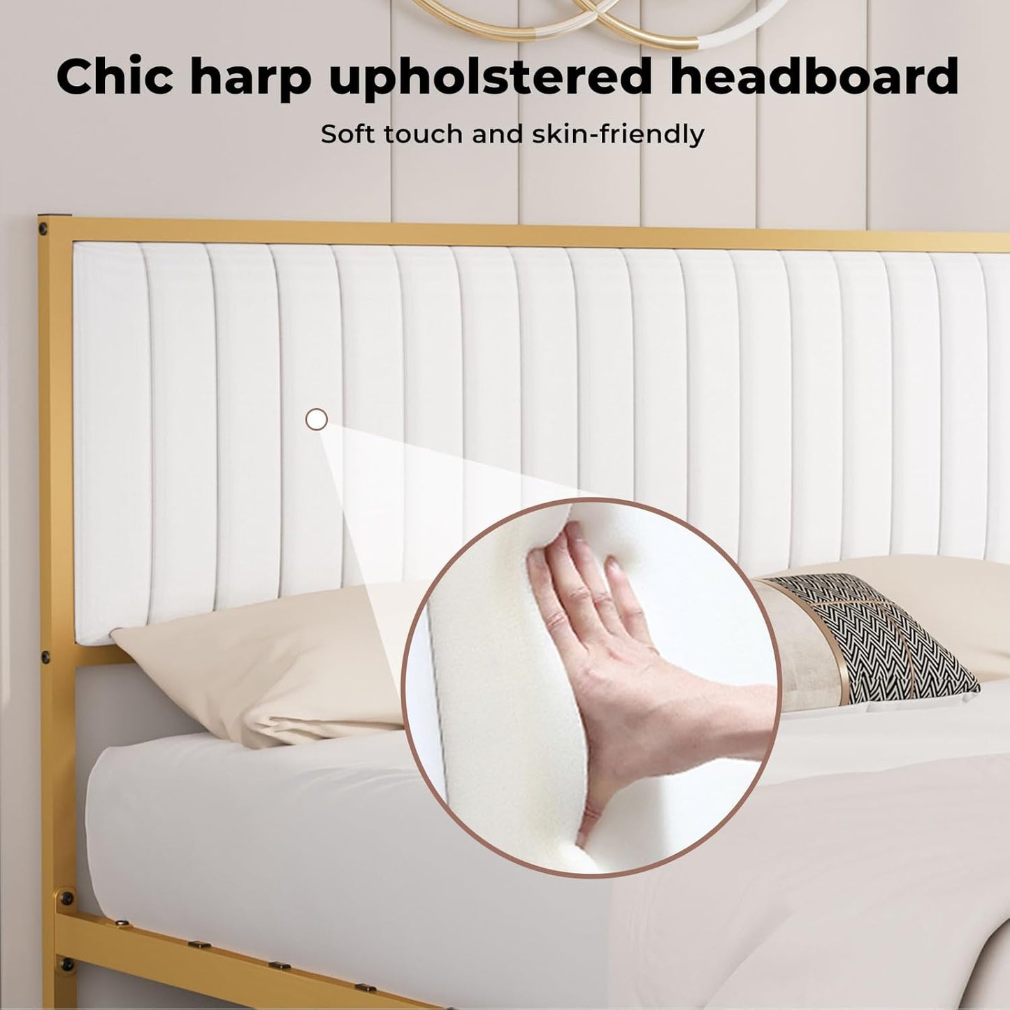 Levede Metal Queen Bed Frame, PU Fabric, Upholstered Headboard, Elevated Design, Under Bed Storage Space,13 Metal Slats Support, Easy Assemnly Platform Bed, Beige