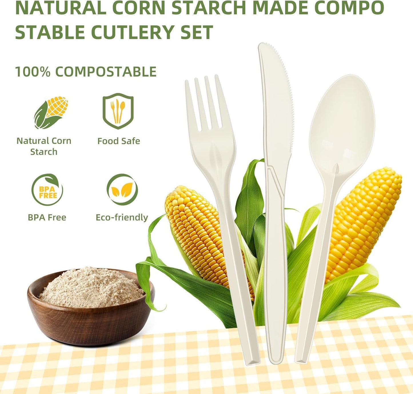 Compostable Cutlery Set 400 Pack Disposable Cutlery- 200 Forks 100 Spoons 100 Knives 7 Inch Biodegradable Utensils Set Heavy Duty Biodegradable Cutlery (Cornstarch, 400pcs Cutlery)