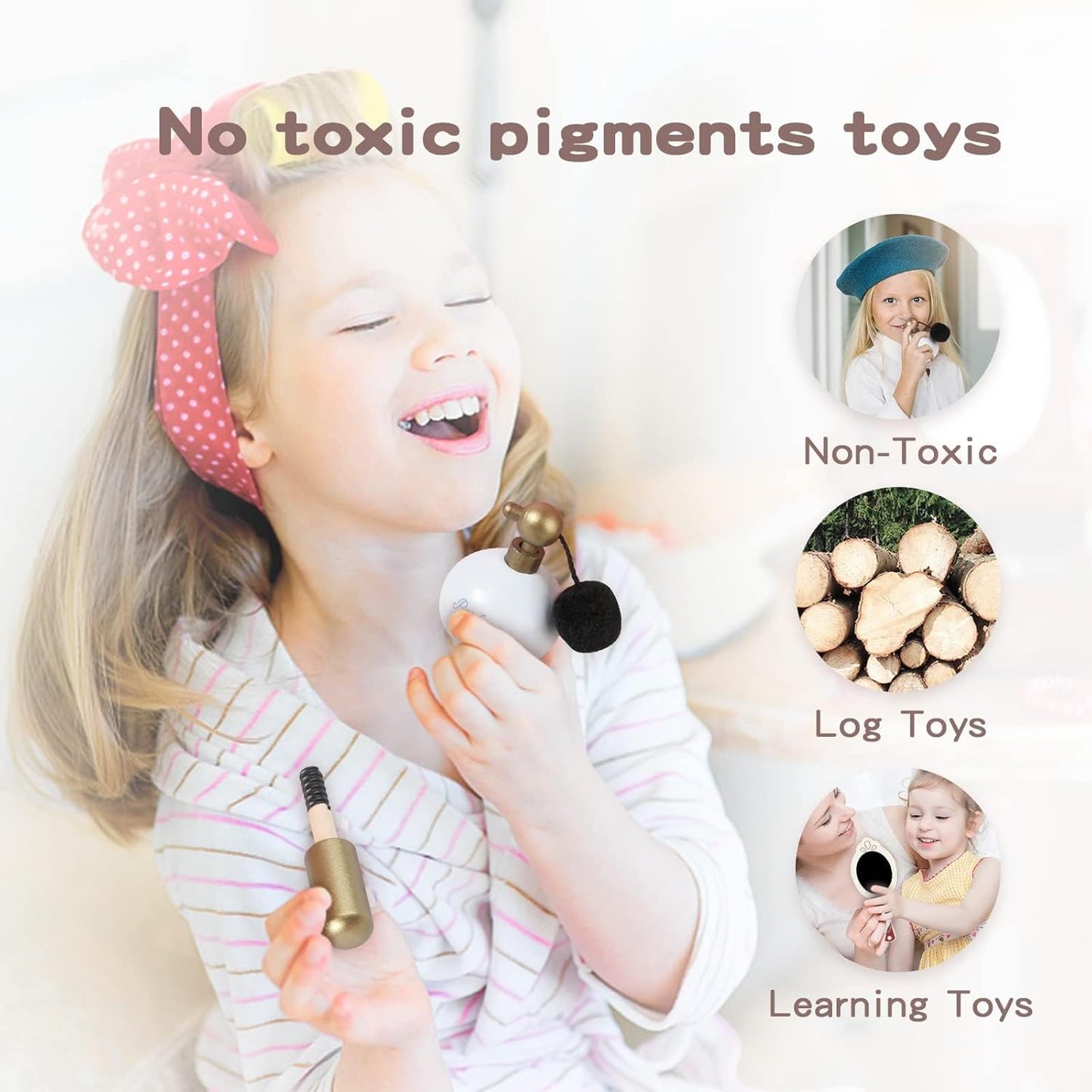 IEATFO Kids Makeup Kit for Girl, Wooden Makeup Toy Set for Toddlers, Pretend Wood Beauty Salon Toys Set for Kid Children Princess, Christmas Birthday Gift Toy for 3 4 5 6 7 8 9 10 Year Old