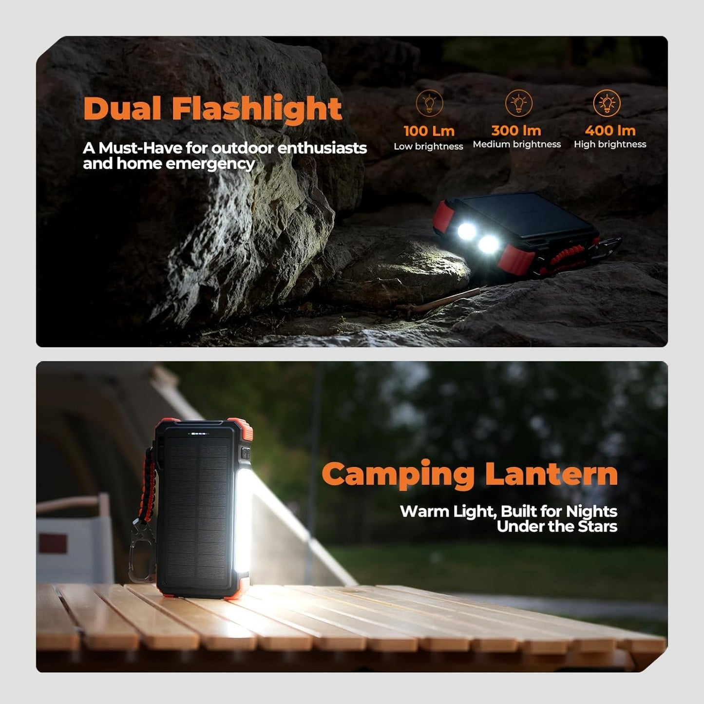 BLAVOR Solar Charger 20000mAh Built-in Cables, 20W Fast Charging Portable Power Bank with USB C, Camping Light, Flashlight, Battery Pack for iPhone 16 15 14 13 12 11, iPad, Samsung, Apple Watch