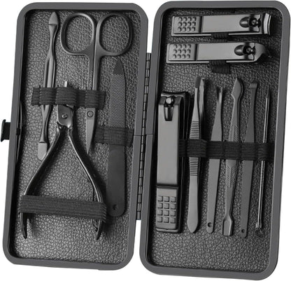 Manicure Set Nail Clippers Pedicure Kit -12PCS Stainless Steel Manicure Kit, Professional Grooming Kits, Nail Care Tools with Luxurious Travel Leather Case Gift Box (12, Black)