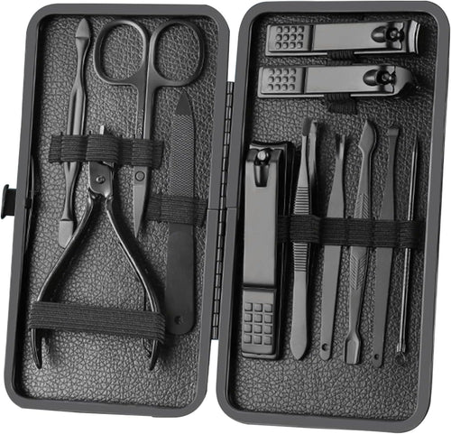 Manicure Set Nail Clippers Pedicure Kit -12PCS Stainless Steel Manicure Kit, Professional Grooming Kits, Nail Care Tools with Luxurious Travel Leather Case Gift Box (12, Black)