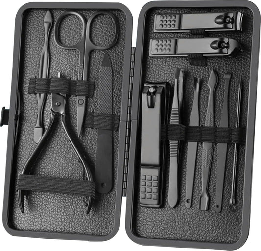Manicure Set Nail Clippers Pedicure Kit -12PCS Stainless Steel Manicure Kit, Professional Grooming Kits, Nail Care Tools with Luxurious Travel Leather Case Gift Box (12, Black)