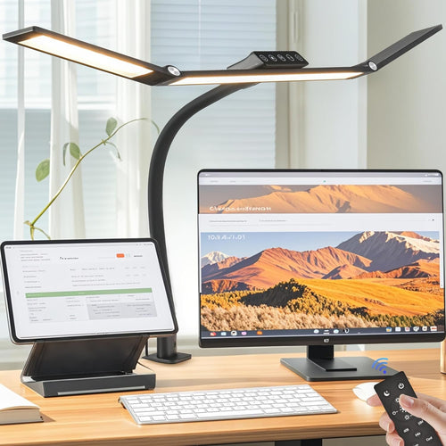 VOURTM LED Desk Lamp with Clamp, 24W Eye-Care Desk Light with Smart Remote, Stepless-Dimming and Color Temp Control, Architect Desk Lamp for Home Office, Workbench, Reading, Study, Painting
