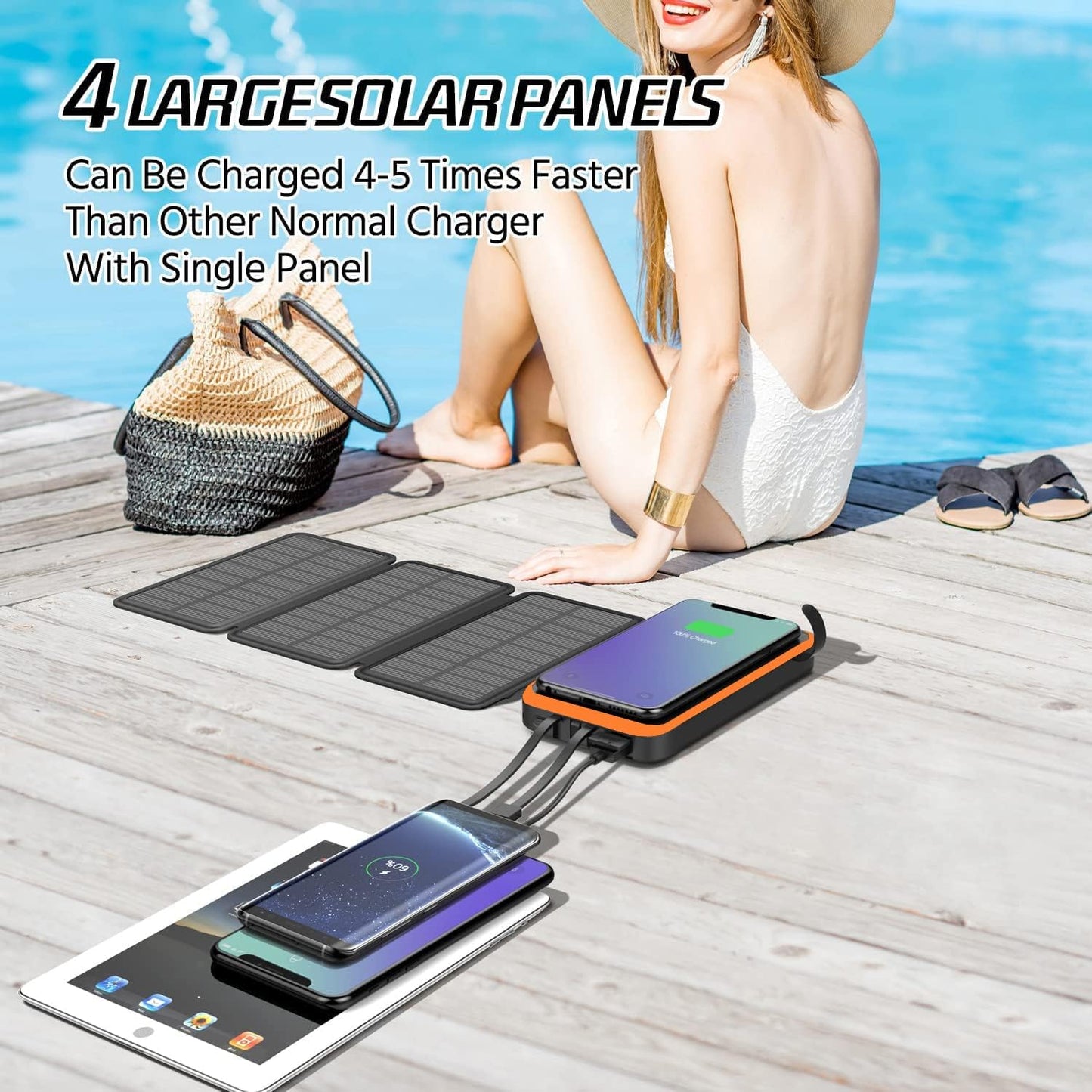 2025 Upgraded Solar Power Bank, 26800mAh with 4x Foldable Solar Panels Built-in 2 Output & 1 Input Cables PD 20W QC3.0 18W Fast Charging and Qi 10W Wireless Charging 6W Solar Charging Portable Charger