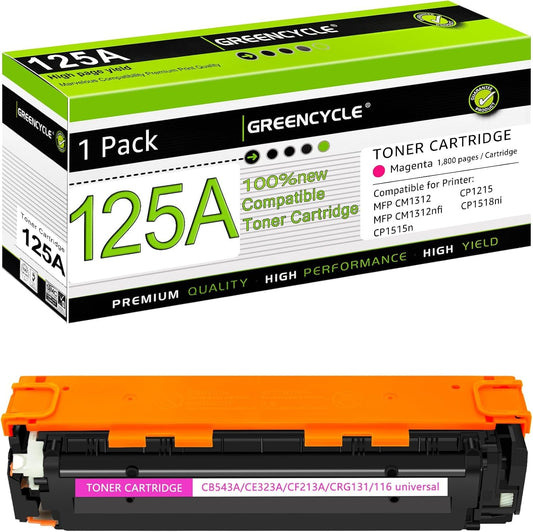 greencycle 125A Magenta Compatible Toner Cartridge Replacement for HP 125A CB543A Toner Works on Color Laser Jet CM1312 MFP CP1215 CP1515n CP1518ni Series Printer - 1 Pack CB543A, Magenta