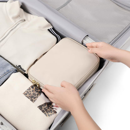 Makeup Bag, Small Travel Makeup Cosmetic Bag for Women, Portable Make up Brushes Holder Bag, Toiletry Bag, Compact Cosmetic Case Organizer, Beige
