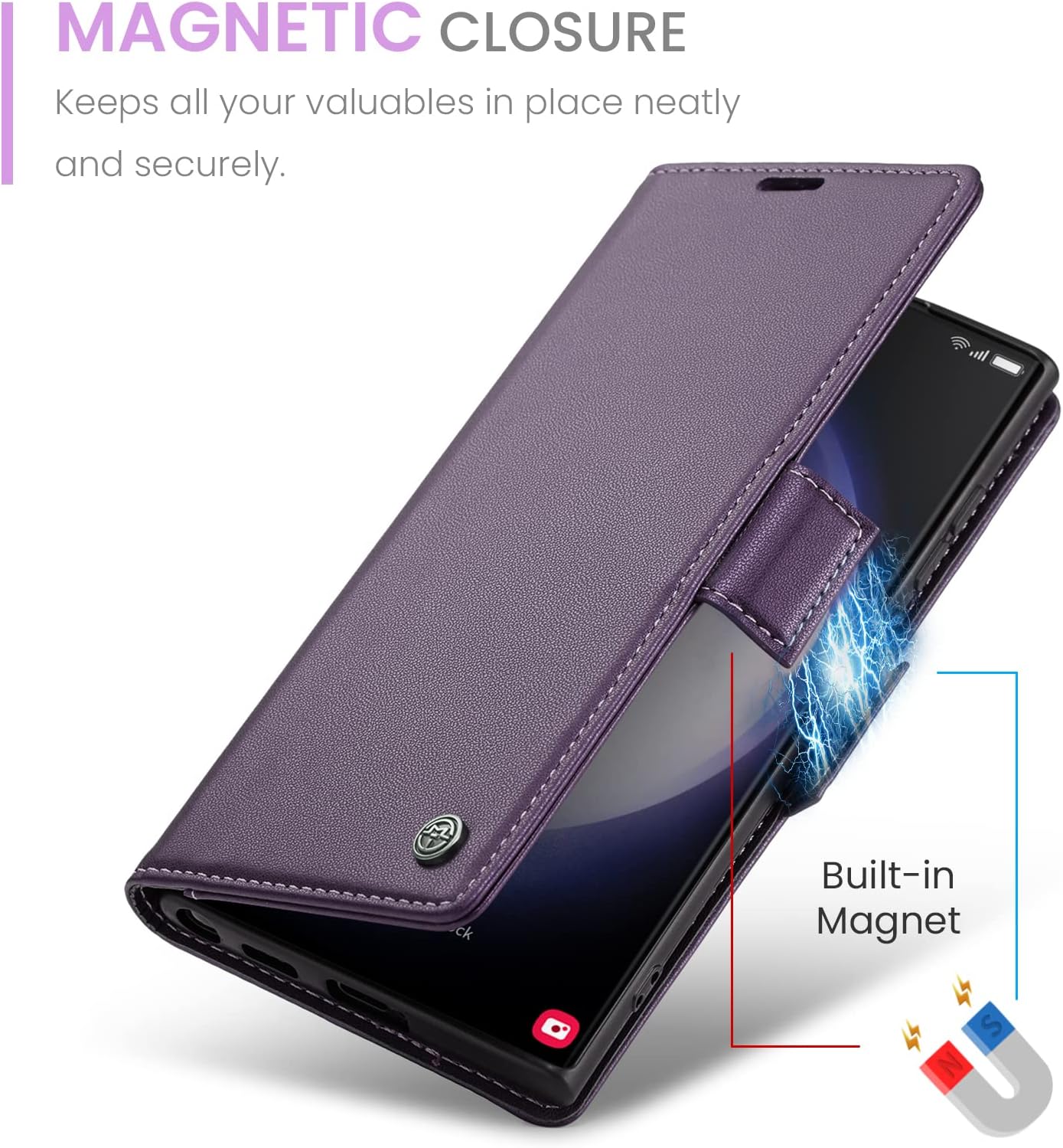 ELEPIK for Galaxy S23 Ultra Case with Card Holder, Kickstand [3 Card Holder + 1 Cash Slot] [Durable PU Leather] Magnetic Wallet Phone Cover for Samsung Galaxy S23 Ultra, Fashion Purple