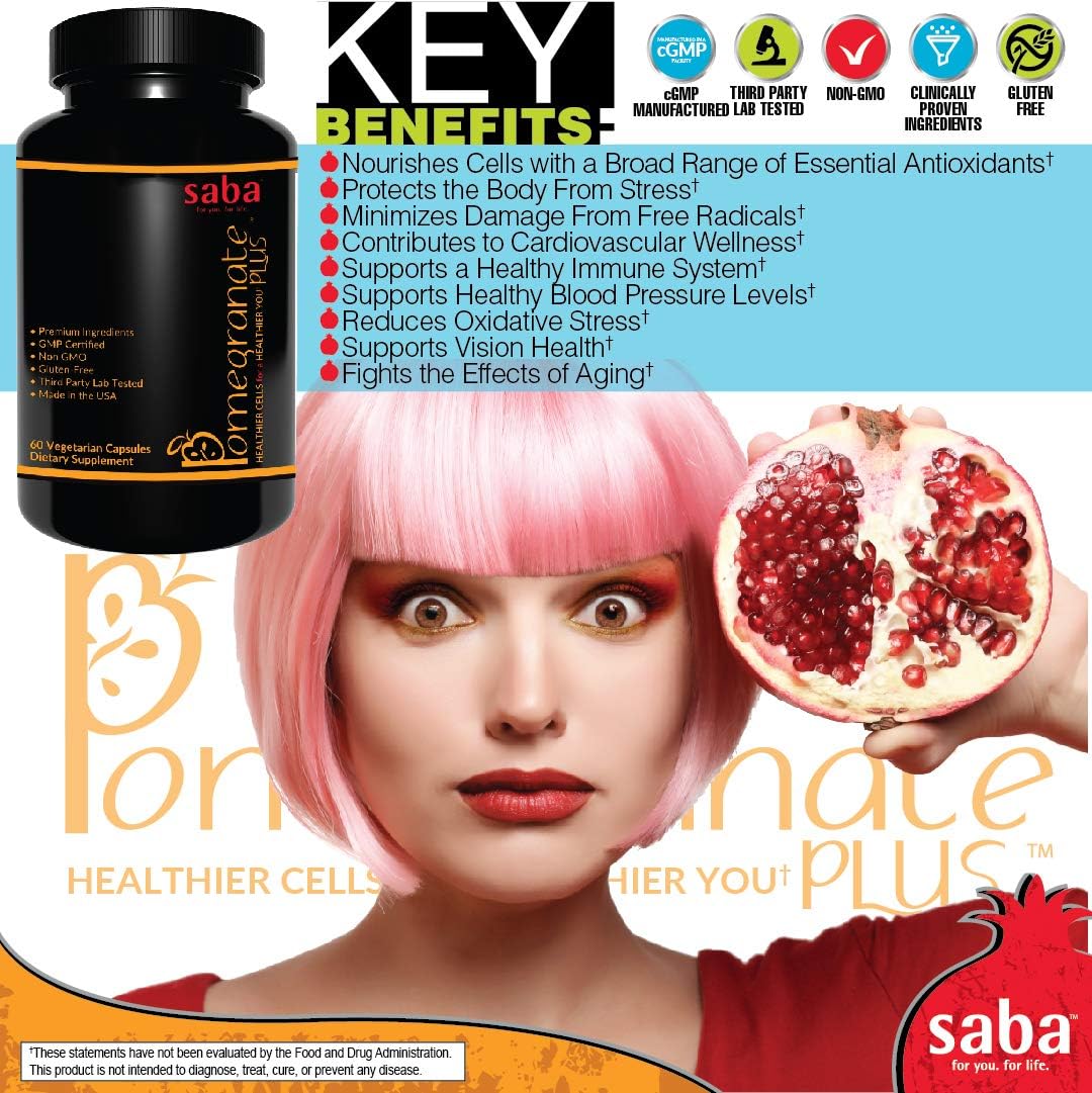 Saba Pomegranate Plus -Cellular Nutrition, Broad Spectrum of Essential Antioxidants - Support Stress, Cardiovascular Wellness, Immune System, Vision- 60 Capsules