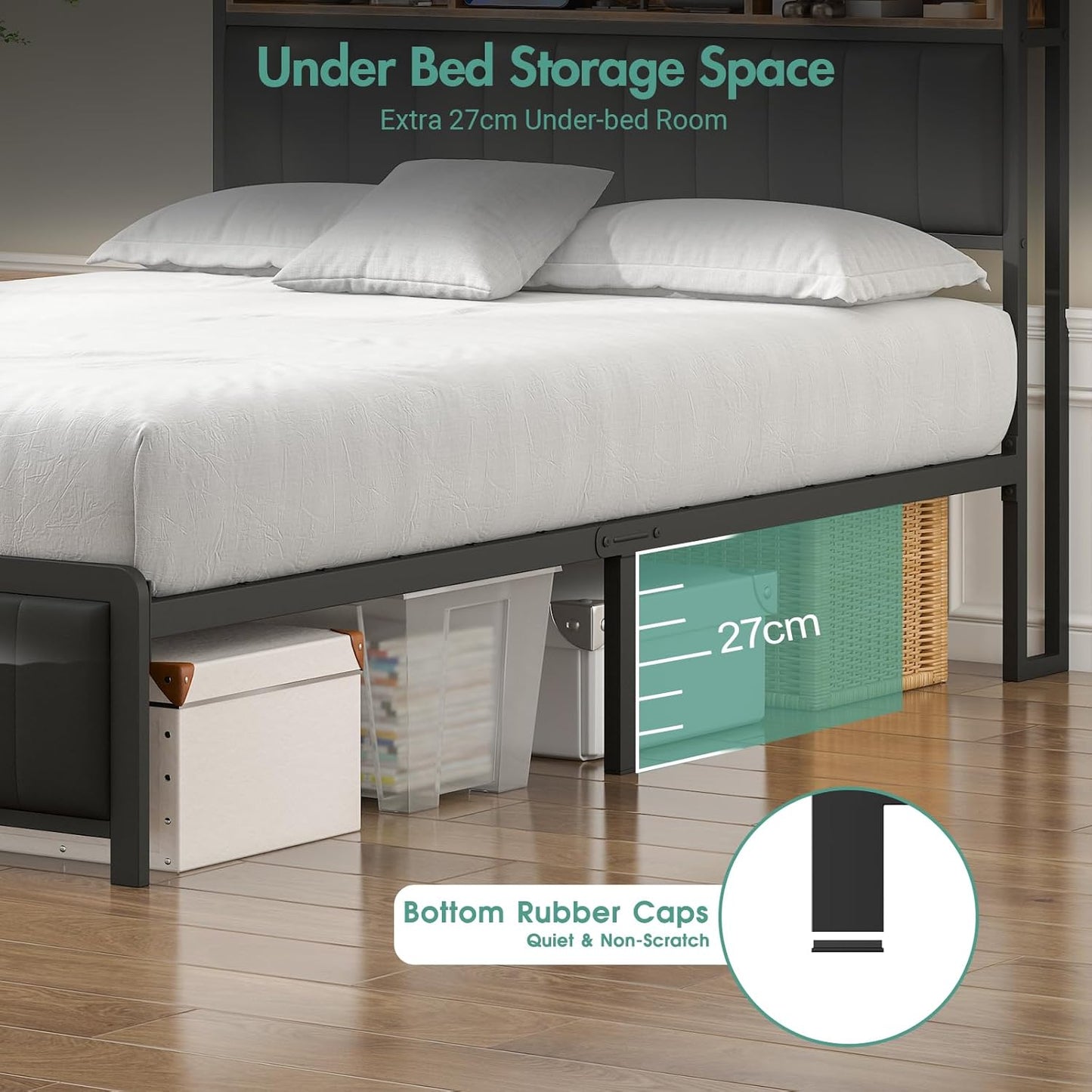 Ufurniture Queen Size Bed Frame with Storage Upholstered Headboard & USB Ports & LED Light,Industrial PU Leather Platform Bed with Metal Mattress Base Support, Rustic Black (Queen)