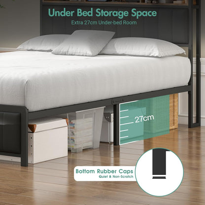 Ufurniture Queen Size Bed Frame with Storage Upholstered Headboard & USB Ports & LED Light,Industrial PU Leather Platform Bed with Metal Mattress Base Support, Rustic Black (Queen)