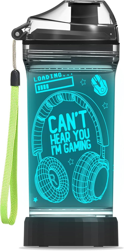 Can't Hear You I'm Gaming Water Bottle, YuanDian 7 Color Lights 3D Light up Drinking Cups Gifts for Gamers, BPA Free Tritan & Leak Proof Flip Top Lid & Easy Clean & Carry Handle, 14oz/ 400ml