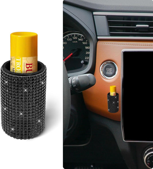xbrtaia 1 Pack Upright Car Chapstick Holder, Bling Insulating Lip Balm Holder,Rhinestone Car Accessories for Women Interior,Suitable for Most Vehicles.(Black)