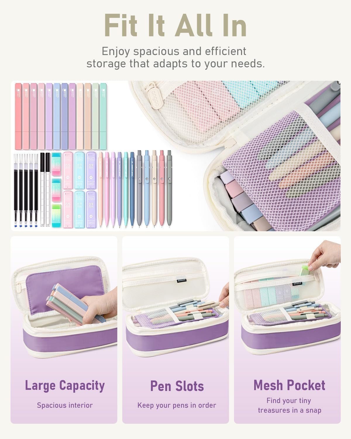 Four Candies 39 PCS Aesthetic School Supplies with Cute Pen Case, 12 Pastel Highlighters, 5 Black Ink Gel Pens, 6 Mechanical Pencils Set 0.5 & 0.7mm for Students Stationary College Essentials (Purple)