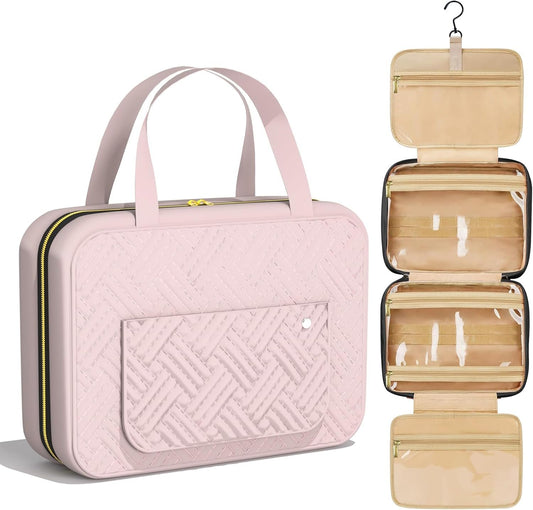 Hanging Travel Toiletry Bag with Hook, 4 Sections Toiletry Bag Travel Bag Water-Resistant Travel Cosmetic Bag Foldable Hygiene Bag for Toiletries, Cosmetics, Makeup, Brushes, Shower (Pink)