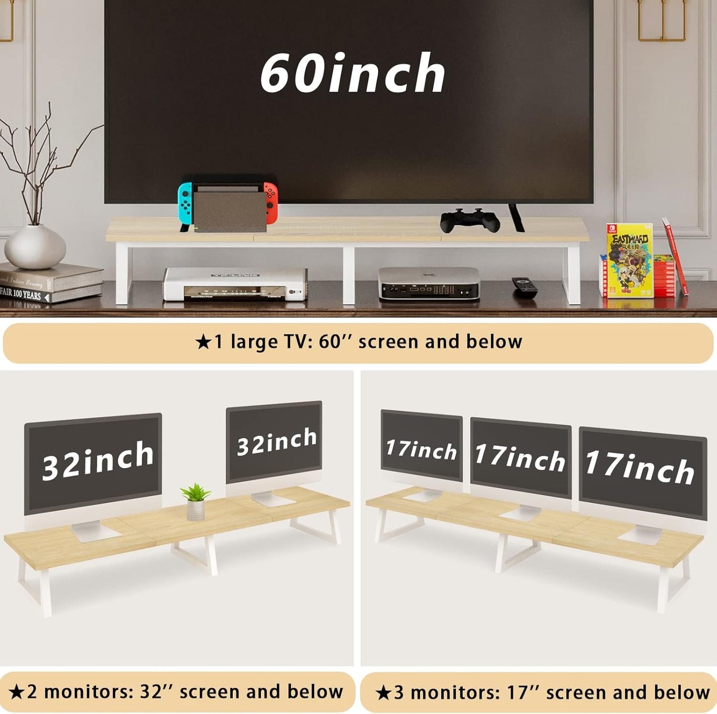 TEAMIX 42 inch Large Dual Monitor Riser, Extra Long Monitor Stand Riser Wide TV Stand Riser Monitor Stand for 2 Monitors Wood & Steel Desktop Riser Desk Organization Home Office