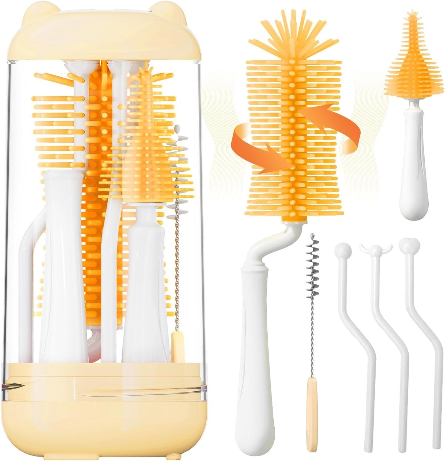 Baby Bottle Brush,Travel Bottle Cleaner Kit,Silicone Bottle Brush,Straw Cleaner Brush,Nipple Brush,Drying Rack-Baby Travel Essentials for Flying(Orange, Cylindrical)