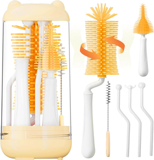 Baby Bottle Brush,Travel Bottle Cleaner Kit,Silicone Bottle Brush,Straw Cleaner Brush,Nipple Brush,Drying Rack-Baby Travel Essentials for Flying(Orange, Cylindrical)