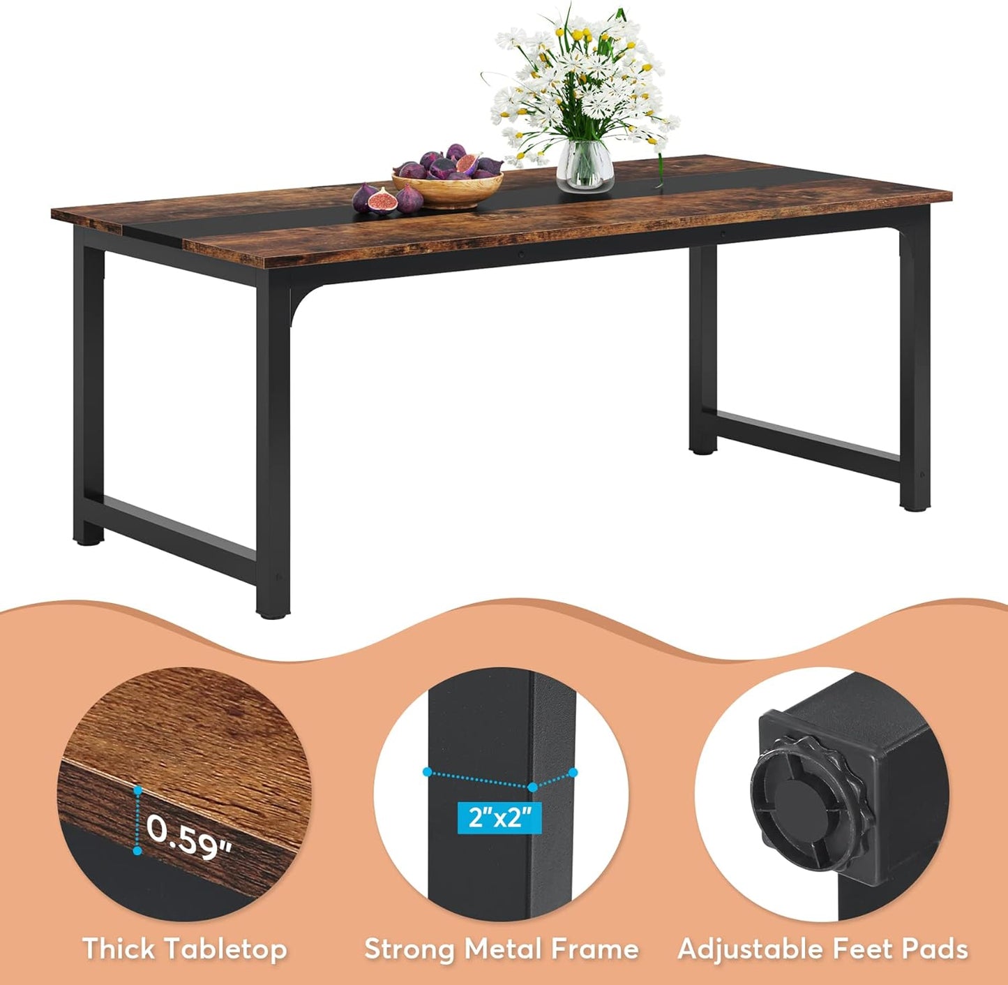 Tribesigns 71"x31.5" Dining Table, Industrial Kitchen Table for 6-8 Person, Rectangular Dinner Table for Dining Room Kitchen Living Room, with Heavy Duty Metal Legs, Brown