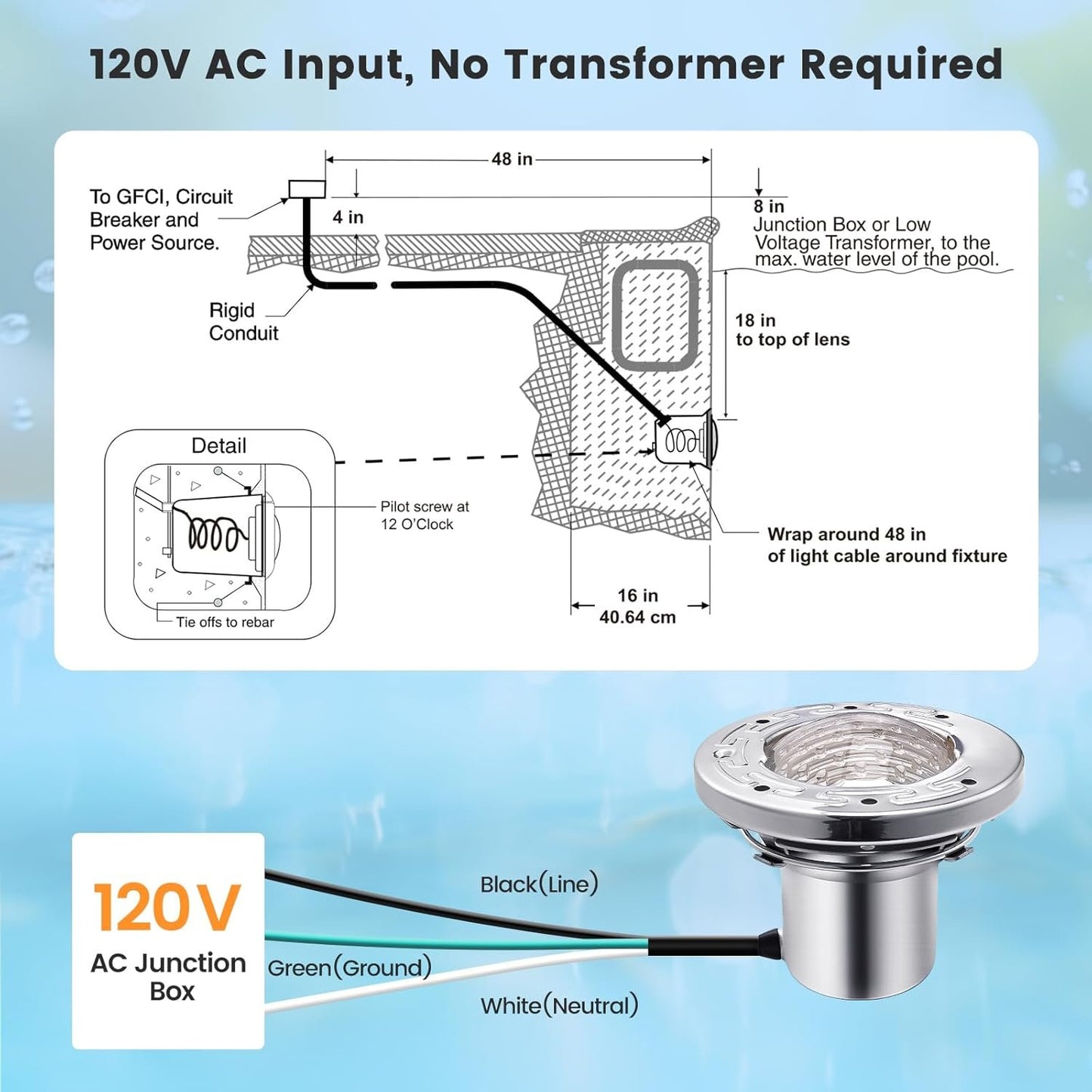 SURAIELEC 6 Inch Small LED Spa Light for Inground Pool, 120V AC 10W Underwater Pool Light, Cool White 6000K, Fits Pentair and Hayward Wet Niches, IP68 Waterproof, 50 FT Cord