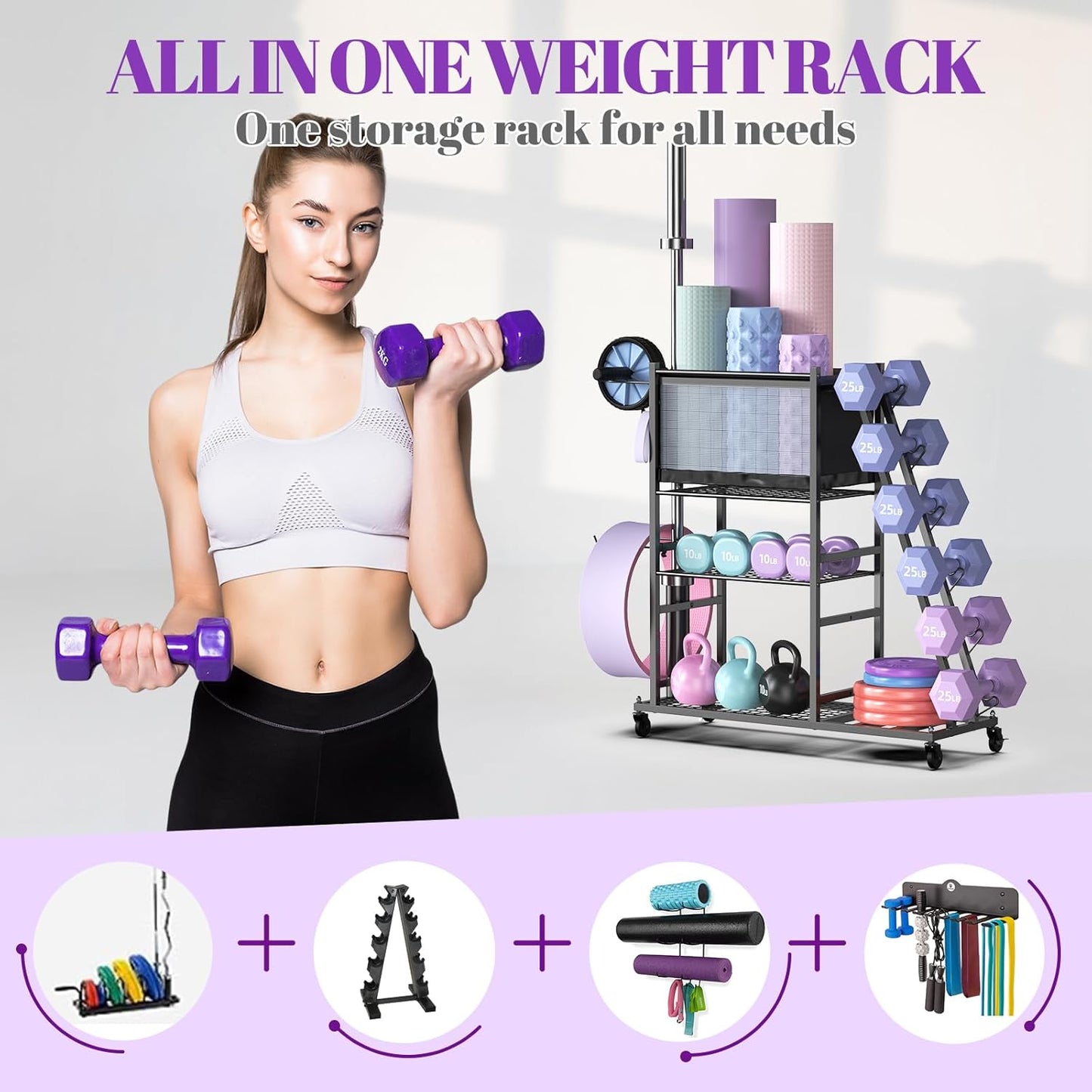Mythinglogic Weight Rack for Dumbbells, Home Gym Storage for Yoga Mat Dumbbells Kettlebells and Strength Training Equipment, Dumbbell Rack with Wheels and Hanging Hooks