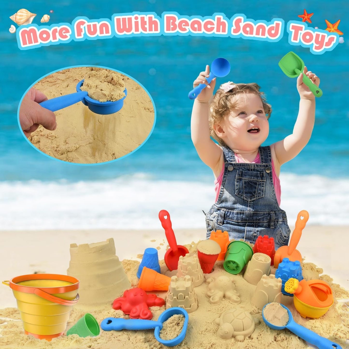 Beach Toys, Sandbox Toys with Collapsible Sand Bucket, Shovel Set, Sand Castle Kit, Animal Molds Mesh Bag, Summer Water Poor Sea Outdoor Play Travel Toys for Kids Toddlers Boys Girls-19PCS