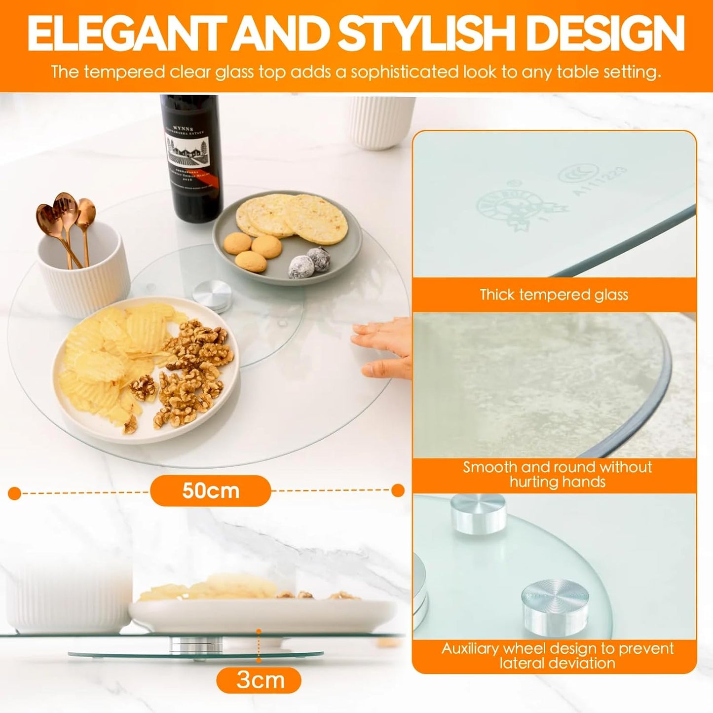 Felic Tempered Glass Lazy Susan, Turntable Tabletop Rotating Serving Tray, 360° Rotating Tray Serving Plate, Dining Table Top/Spices Storage Holder for Family Gatherings, Banquets, Weddings (50cm)