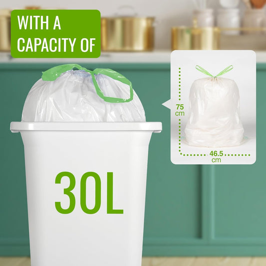 EcoBag - 40 Pack White Kitchen Drawstring Bin Liner - 30L - 25 Microns - Heavy Duty, Extra Strong, Brabantia Compatible, Eco-Friendly, Tear Resistant, Clear Recycling Bags (465 x 750mm)