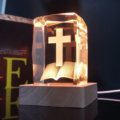 Cross Crystal with Wooden Light Base, Engraved Cross Praying Gifts, Night Light Home Decor, Encouragement Spiritual Gifts