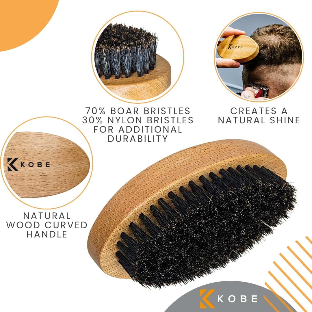 Kobe Palm Men's Military Style Boar Bristle Hair Brush/Beard Brush - Hand Sized Beard Brush for Men - Perfect for Beard Care - Works Well With Beard Oils (Beech)