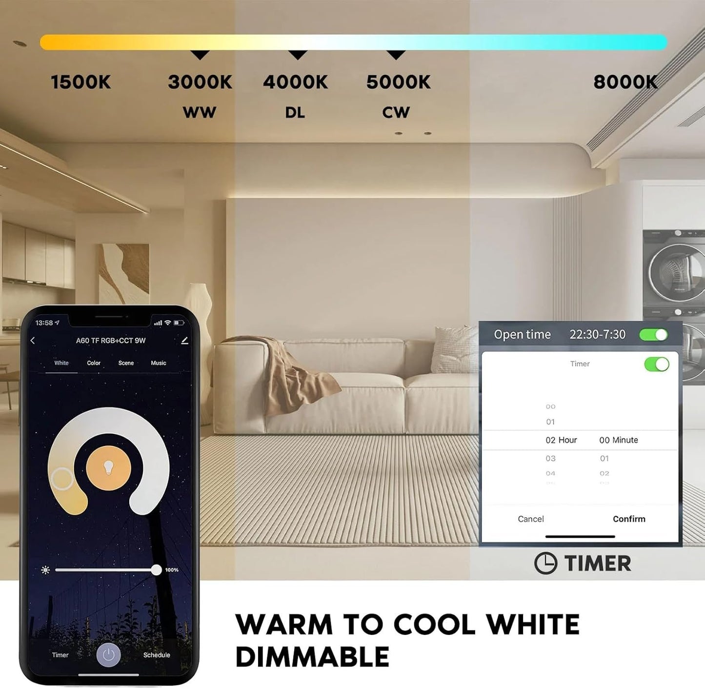 7Pandas Light Bulb Smart Wi-Fi LED Bulb Dimmable Multicolor RGBCW, E27, 60W Equivalent, Compatible with Alexa, Google Assistant, SmartThings, No Hub Required, 4 Pack