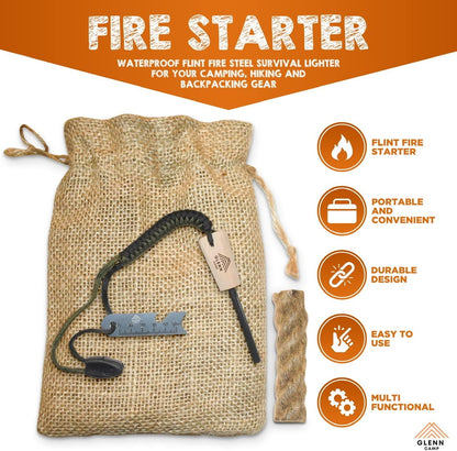 GLENN CAMP Ferro Rod Flint Fire Starter Kit: Lanyard Cord, Whistle, and Tinder Wick - Ultimate Survival and Camping Gear