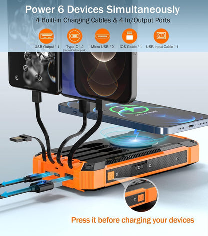 Power Ban,Solar Power Bank,Wireless Charger 20000mAh Built in 4 Cables,4outputs 15W Fast Charging Power Bank for All Mobile Devices 3 Inputs Solar Portable Charger with Dual Flashlights